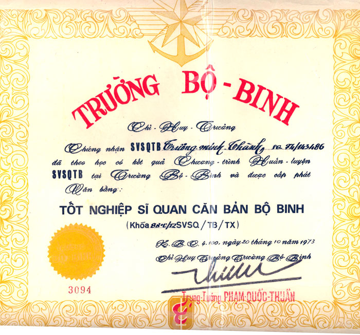 Văn bằng tốt nghip SQ của SVSQ Trương M Thnh